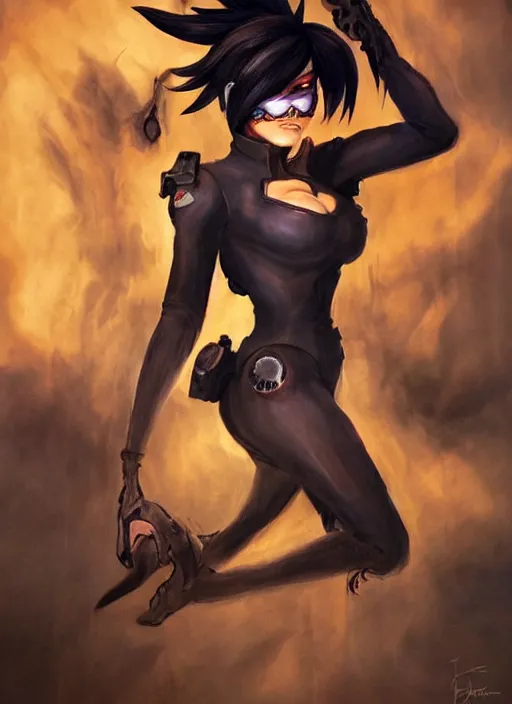 Image similar to dark full body painting of tracer from overwatch, in style of francisco de goya, scary, horror, 4 k, feminine facial features, overwatch tracer character, horror, body horror, disturbing, detailed face, dressed in dark garment, black tendrils, tall,