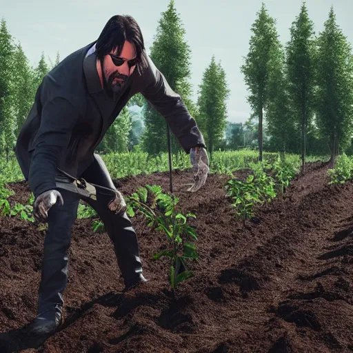 Image similar to keanu reeves planting potatoes in belarus, instagram photo, photorealistic, hyper detailed, hyper realistic, houdini, vfx, unreal engine 5, octane render, 8 k, full hd