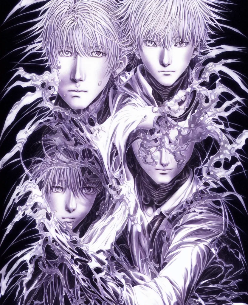 Prompt: symmetrical. realistic detailed image of anime portrait, realistic detailed male character, kaworu nagisa, depth perception, masterpiece, depth of field, action horror, gothic. art by yoshitaka amano, by yukito kishiro, by yoshiyuki sadamoto, by artgerm, by hajime sorayama