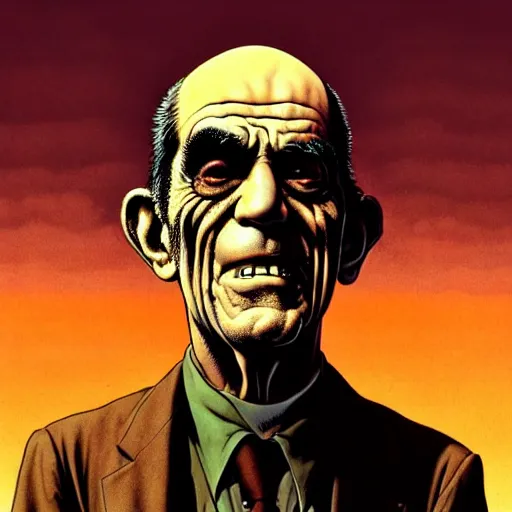 Image similar to full portrait of abe vigoda, disturbing horror zombie manga cover illustration by junji ito and joe fenton and syd mead and p. craig russell and barry windsor - smith, artstation, 4 k, graphic novel, concept art, matte painting, beautiful american rustic western landscape sunset background, golden hour, art nouveau