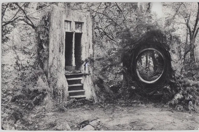 Prompt: old polaroid of an weird portal to another dimension