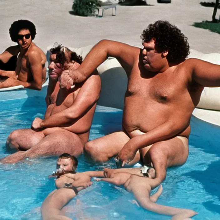 Image similar to andre the giant wearing a sequin speedo sitting by the pool with a goat and genghis khan from the movie bill & ted's excellent pool party, movie still, 8 k, realistic