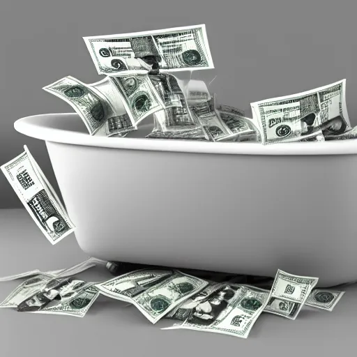 Prompt: A robot in a bathtub filled with money, 3d render