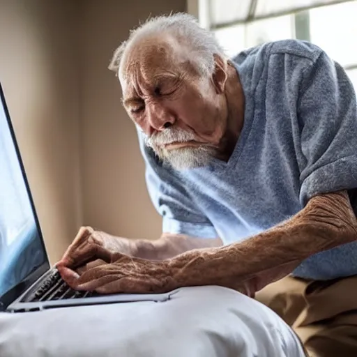 Image similar to elderly man inside a casket browsing internet on laptop from a casket casket