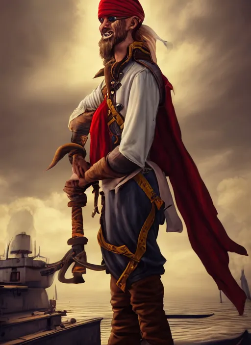 Image similar to An epic fantasy comic book style portrait painting of a skinny white bald sky-pirate with a goofy expression sitting in front of a ship's cannon, unreal 5, DAZ, hyperrealistic, octane render, cosplay, RPG portrait, dynamic lighting