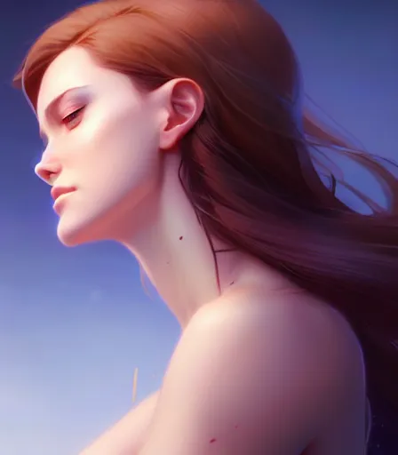 Image similar to beautiful portrait of an insanely gorgeous woman with blue eyes, brown hair and a perfect body, character design by charlie bowater, ross tran, artgerm, and makoto shinkai, detailed, soft lighting, rendered in octane