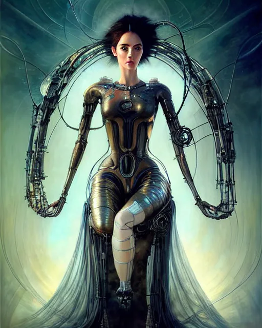 Prompt: karol bak and tom bagshaw and bastien lecouffe - deharme full body character portrait of alita battle angel as galadriel, floating in a powerful zen state, supermodel, beautiful and ominous, wearing combination of mecha and bodysuit made of wires and silk, machinery enveloping nature in the background, scifi character render