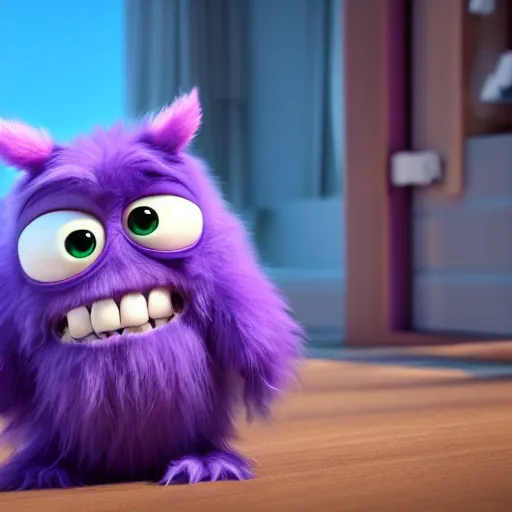 Image similar to a purple fluffy monster, adorable and cute, pixar, octane render, 4k