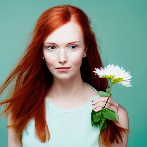Image similar to a closeup portrait of slim, young woman, long straight red hair, holding a bouquet of daisies, she is looking down, soft mint green backdrop