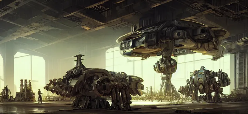 Prompt: Futuristic mecha hangar with workers and machinery, light effect, by Greg Rutkowski and Andreas Rocha on artstation, high-definition picture, Matte painting, mechanical, Unreal Engine, hard surface, 4k