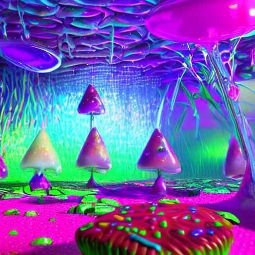 Image similar to jello Mushrooms covering the inside of prismatic jungle, fairy dust in the air, octane render