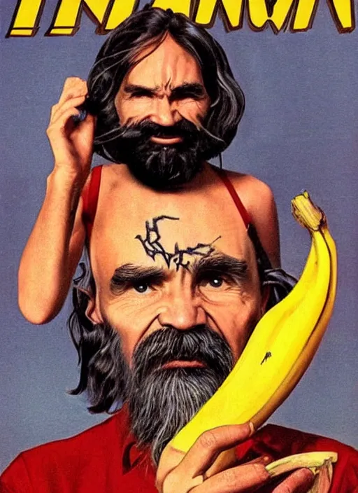 Image similar to vintage magazine advertisement depicting charles manson slipping on a banana peel, by alex grey