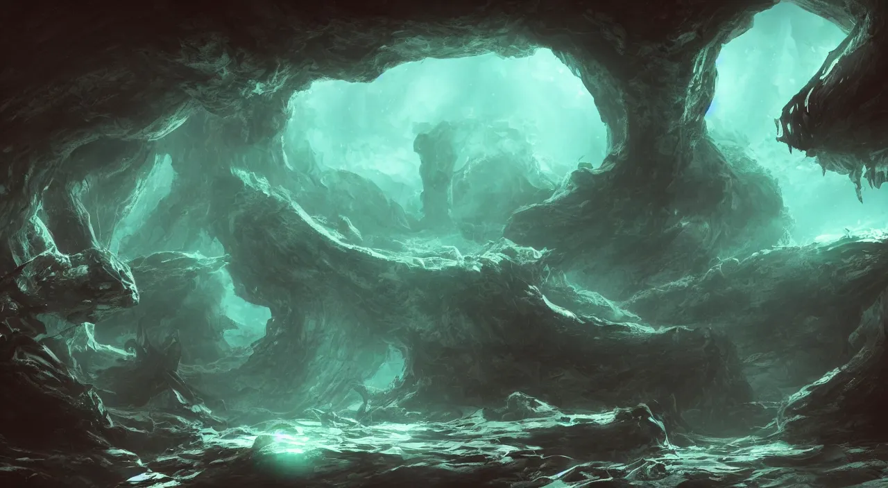 Prompt: Underwater luminescent cave with Leviathans, eerie, emotion, moody, concept art, cinematic