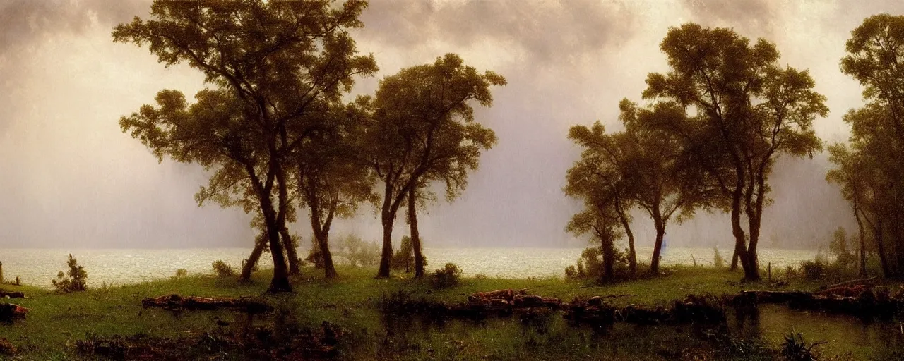 Image similar to a painting of a lake, heavy downpour, raining, by albert bierstadt