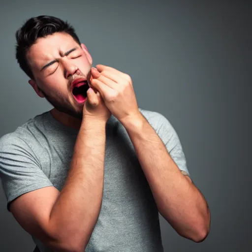 Prompt: a guy trimming his eyebrow while yelling, studio light, 4K