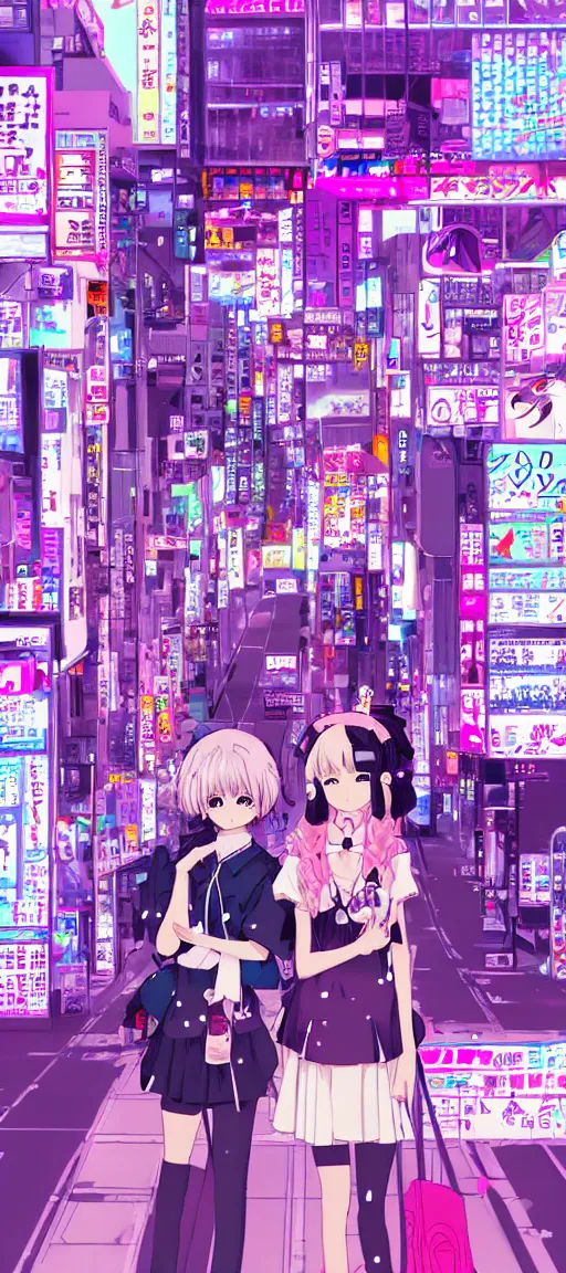 Image similar to beautiful anime! style vaporware tokyo japan, kawaii anime manga style, pink purple, illustration, minimal, neon pastel, akihabara