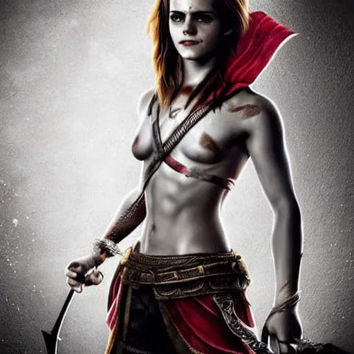 Prompt: Emma Watson as Kratos, brutal, detailed realistic, photorealistic, full body