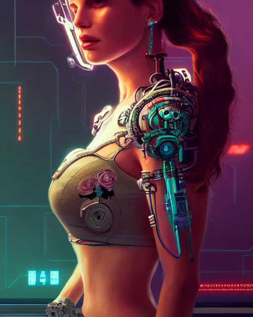 Image similar to portrait of lana del rey as a cyberpunk cyborg. roses, sci - fi, missing panels, intricate abstract upper body intricate artwork, by tooth wu, wlop, beeple, dan mumford. concept art, octane render, deviantart, greg rutkowski, cinematic, key art, hyperrealism, iridescent accents