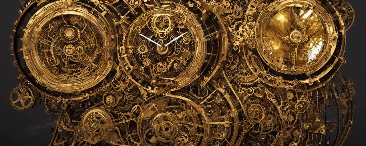 Prompt: dynamic composition, intricate layered golden clockwork machine with cogs!!!!!!, steam punk, extremely detailed, steampunk, art deco!, ornate gilded cosmic machine, in the style of simon lee and jama jurabaev, engraved, artgerm, wlop, featured on cgsociety, unreal engine, 8 k render, octane, raytracing