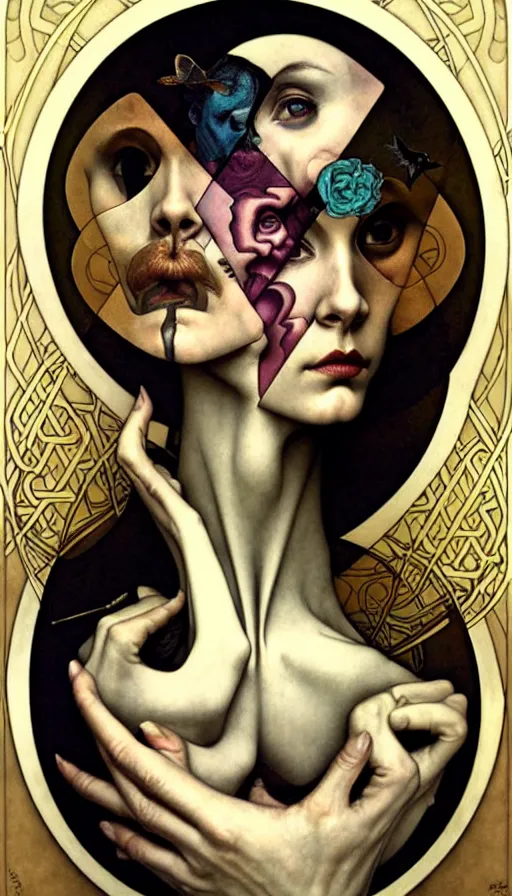 Image similar to M. C. Escher looking puzzled painted by tom bagshaw, mobius, mucha M. C. Escher, gold paint, ink, gnarly details