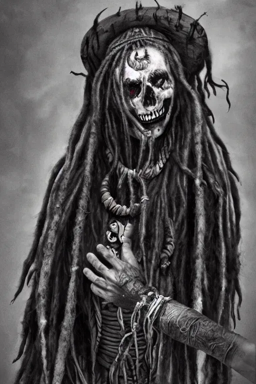 Image similar to a photorealistic of horror shaman with dreadlocks in sacrament of death and destruction