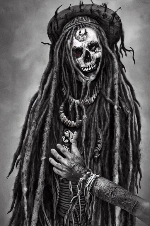 Prompt: a photorealistic of horror shaman with dreadlocks in sacrament of death and destruction