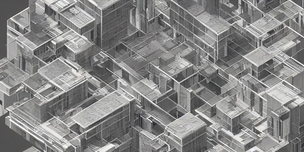 Image similar to high tech building cluster concept drawings with exposed sections designed by paul rudolph, grid, trending on artstation, rectilinear, isometric, isometric view, digital art, game art, 8 k, photorealistic, matte painting by moebius and alphonse mucha and nicolas party