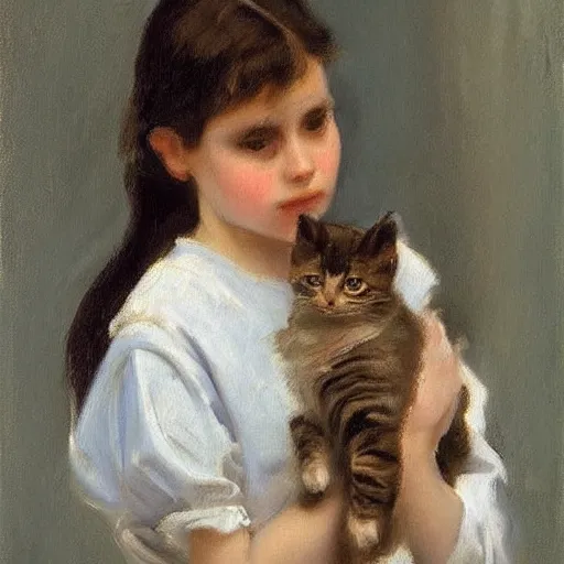 Image similar to “ dark haired girl holding a kitten, very detailed, oil painting, portrait, dark background, by john singer sargent ”