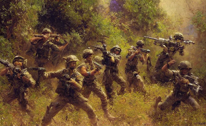 Image similar to soldiers being killed by fantasy minecraft creeper, painting by Gaston Bussiere, Craig Mullins