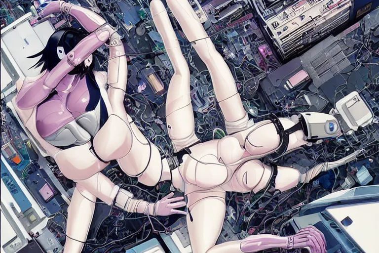 Image similar to a finely composed cyberpunk illustration of a group of motoko kusanagi-like white female androids in style of hajime sorayama, lying on an abstract, empty, white floor with their body parts scattered around and cables and wires coming out, by katsuhiro otomo and masamune shirow, hyper-detailed, intricate, colorful, view from above, wide angle, close up, beautiful