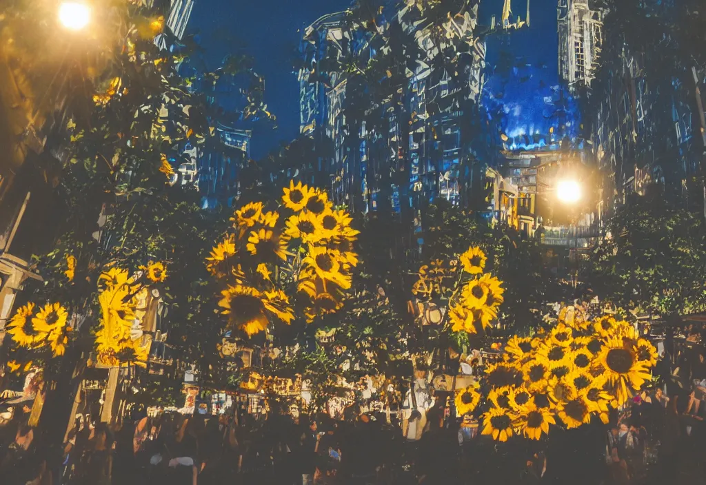 Image similar to 3 d 🌻 popping out of curved screen, town square, volumetric lighting, bokeh, shot on 7 0 mm, instax