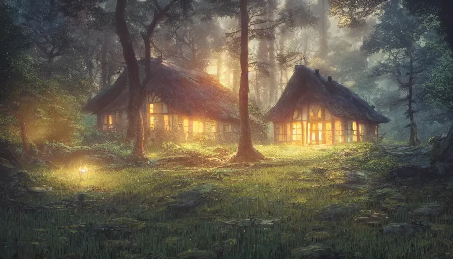 Image similar to A highly detailed matte painting of cottage in a dark forest, by Studio Ghibli, Makoto Shinkai, by Artgerm, by beeple, by Greg Rutkowski, volumetric lighting, octane render, 4K resolution, trending on artstation, masterpiece