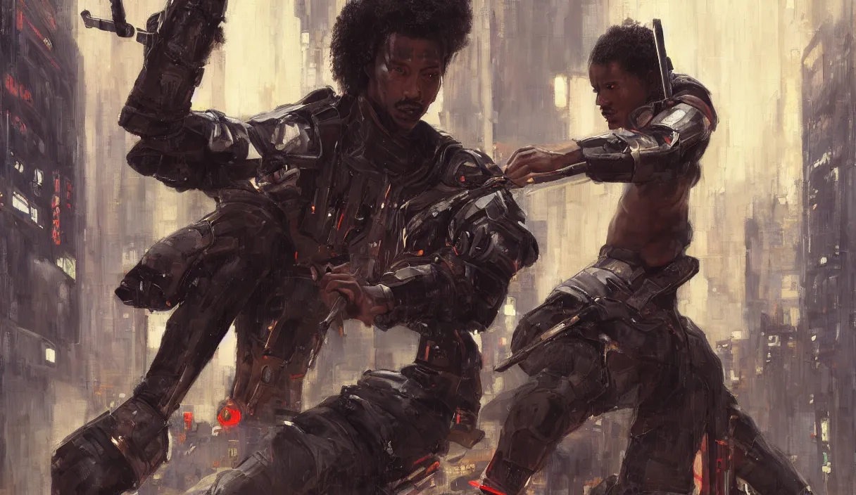 Prompt: futuristic black samurai in fighting pose (blade runner 2049, cyberpunk 2077). Orientalist portrait by john william waterhouse and James Gurney and Theodore Ralli and Nasreddine Dinet, oil on canvas. Cinematic, hyper realism, realistic proportions, dramatic lighting, high detail 4k