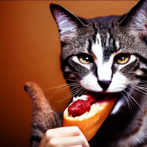 Image similar to cinematic shot cat eating a hotdog, hyper realistic, mood lighting, fantasy, detailed face, highly detailed, super realistic, perfect lighting