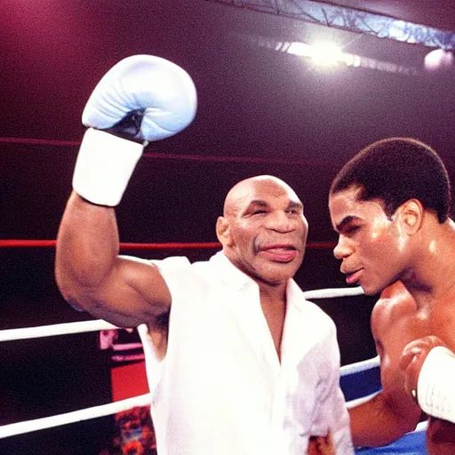 Image similar to Mike Tyson in the boxing Ring with popstar Michael Jackson at Madison square garden 1990