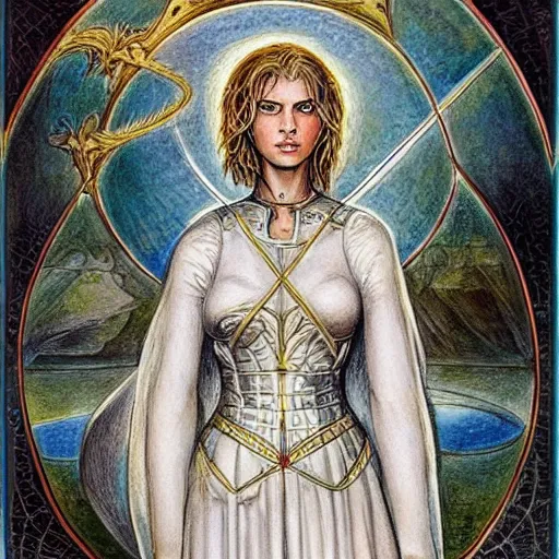 Image similar to most beautiful jeanne d'arc in the style of william blake, terese nielsen, detailed, intricate, beautiful faces, steve argyle, triumphant fate, pastoral fantastic reality