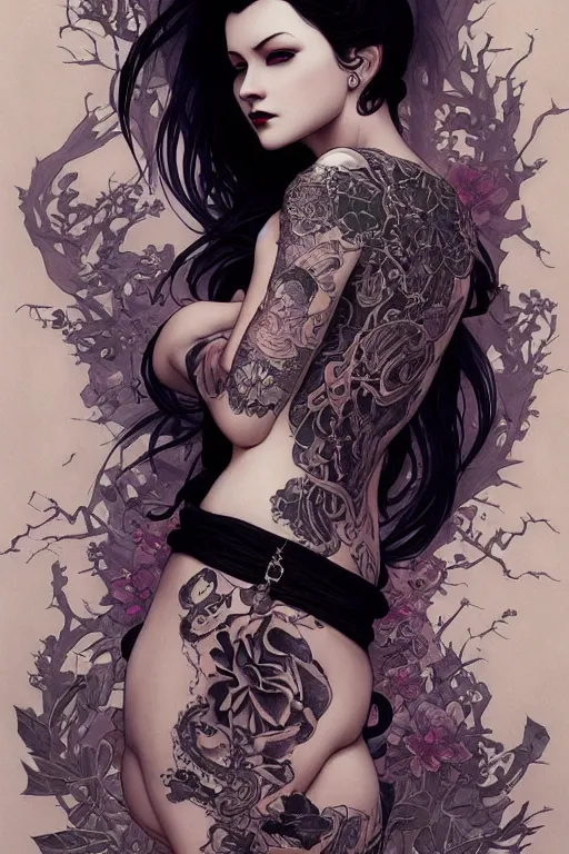 Prompt: goth yakuza girl tattoos, intricate, elegant, highly detailed, digital painting, artstation, concept art, smooth, sharp focus, illustration, art by artgerm and greg rutkowski and alphonse mucha and william-adolphe bouguereau