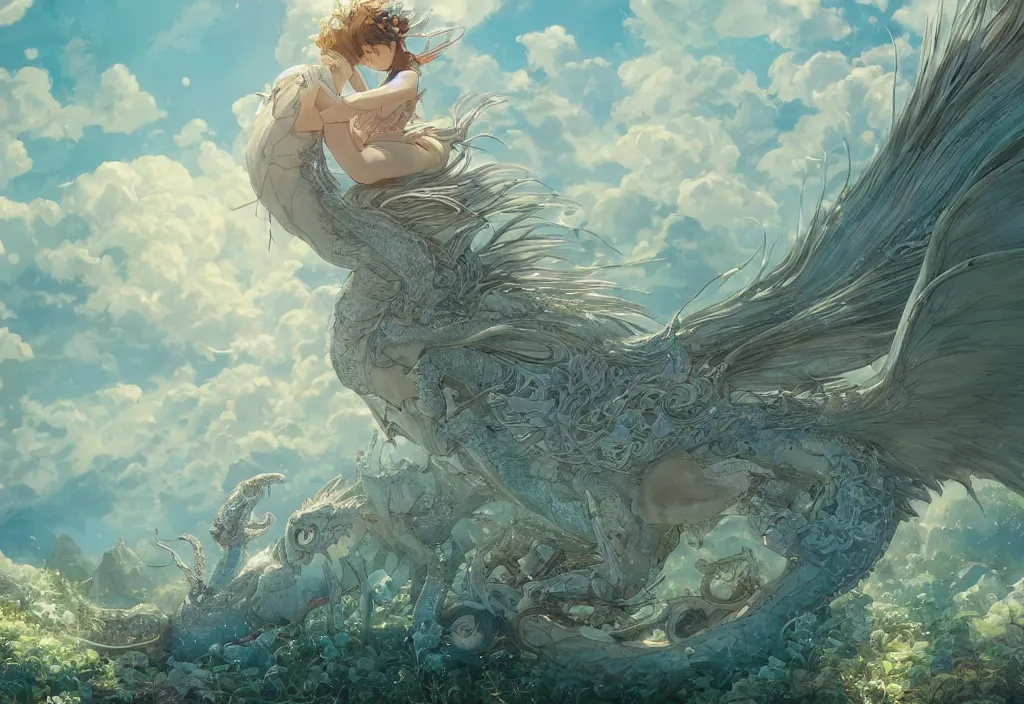 Image similar to the beautiful hyper detailed scene render that a lonely single beautiful girl lies in the arms of a huge silver dragon alone in the fairyland surrounded by white clouds, in the style of makoto shinkai victo ngai and peter mohrbacher studio ghibli artgerm karol bak beeple, cinematic, absolutely beautiful, ultra wide angle, animation style, 8 k hd