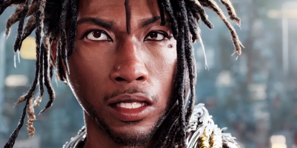 Image similar to a film still of a black man starring in a japanese blockbuster film as eddy gordo from tekken, shallow depth of field, cinematic, award winning cgi, vfx, film still