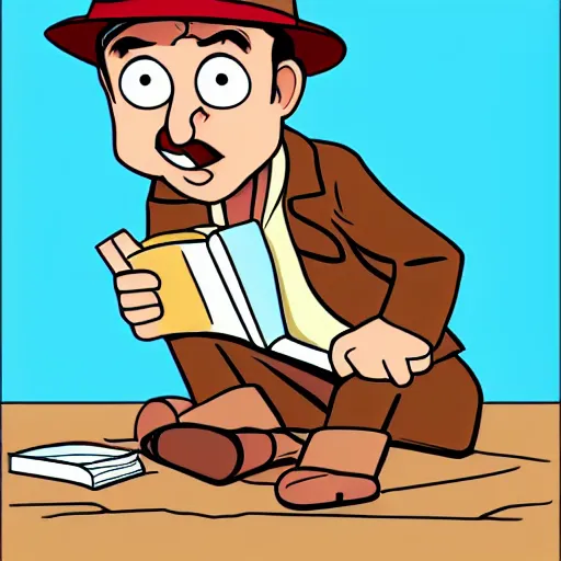 Prompt: indiana jones eating an ice cream, reading a book, cartoon style