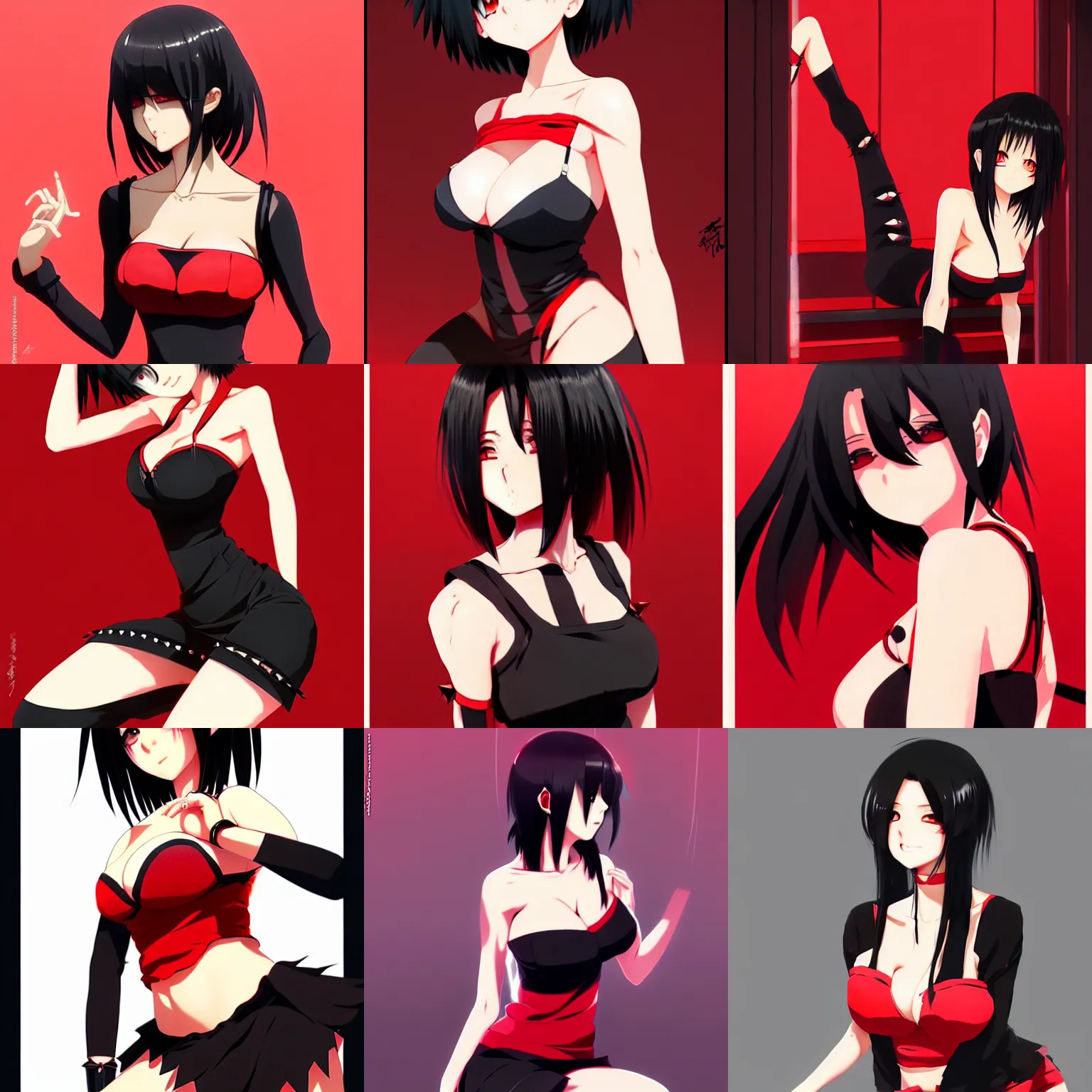 Prompt: gorgeous momo yaoyorozu with black spiky hair and black anime eyes, wearing a camisole, perfect body red and black color palette, in the style of and ilya kuvshinov and greg rutkowski, high quality anime artstyle, intricate
