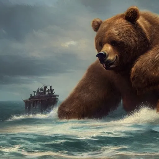 Prompt: Giant bear coming out of the sea rearing up from the side , digital Art, Greg rutkowski, Trending artstation, cinematographic, hyperrealistic