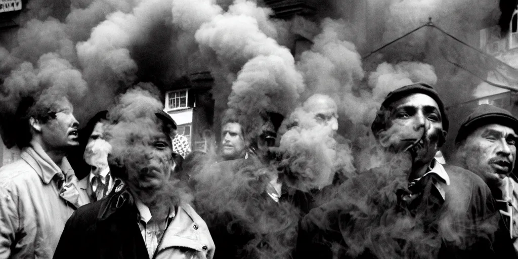 Prompt: street photo, revolution, smoke on the street, a thousands of people closeup, film photography, exposed b & w photography, christopher morris photography, bruce davidson photography, peter marlow photography