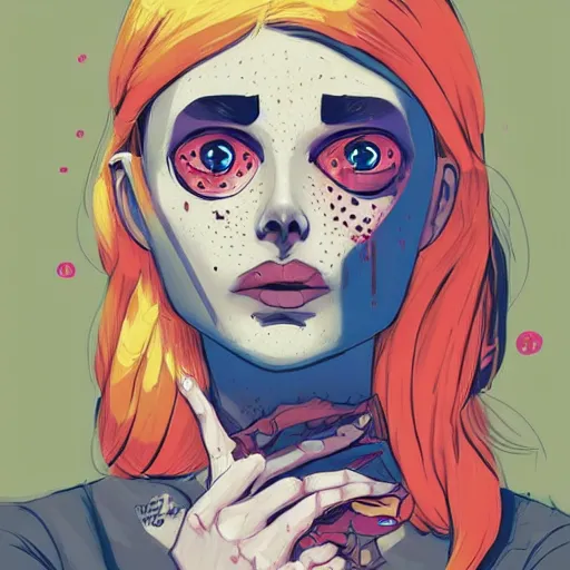 Image similar to Highly detailed portrait of pretty punk zombie young lady with freckles by Atey Ghailan, by Loish, by Bryan Lee O'Malley, by Cliff Chiang, inspired by image comics, inspired by graphic novel cover art, inspired by papergirls !! Gradient color scheme ((grafitti tag brick wall background)), trending on artstation