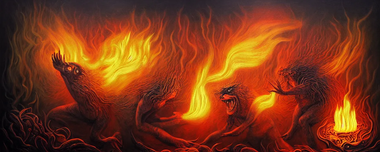 Prompt: mysterious bestiary of wild emotion monsters repressed in the depths unconscious of the psyche lead by baba yaga, about to rip through and escape in a extraordinary revolution, dramatic fire glow lighting, surreal painting by ronny khalil