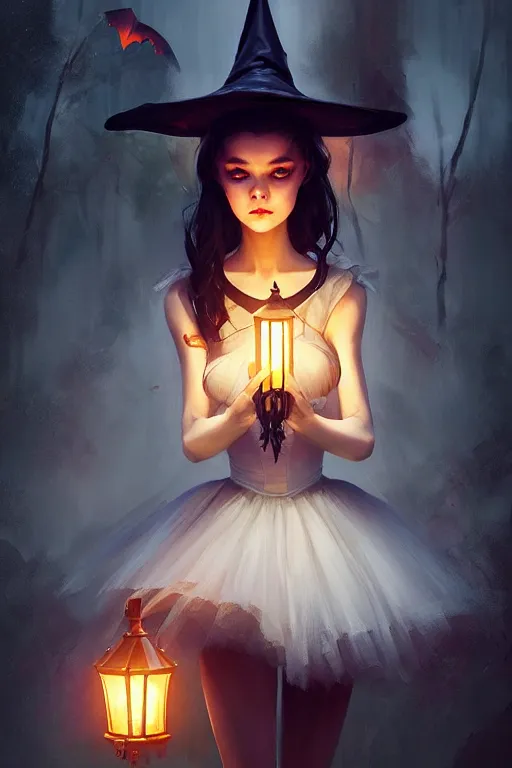 Prompt: portrait of a gorgeous ballerina witch dark cheekbones holding a lantern, halloween night, charlie bowater, artgerm, ilya kuvshinov, krenz cushart, ruan jia, realism, ultra detailed, 8 k resolution