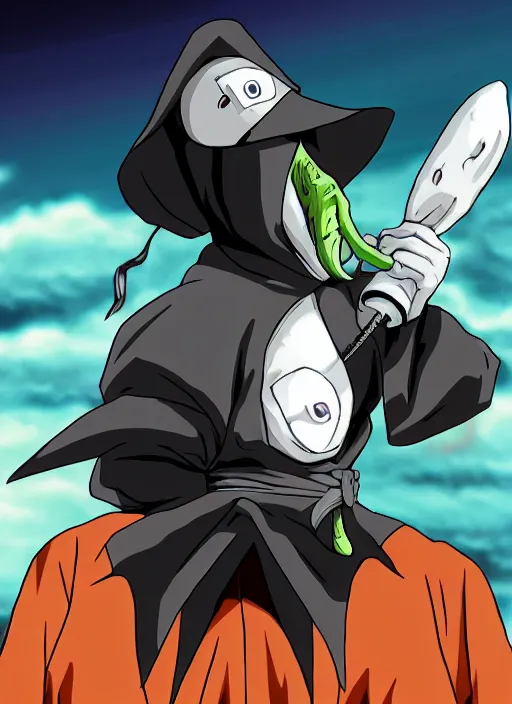 Prompt: creepy plague doctor as a dragon ball character, dynamic lighting, in the style of dragon ball Z