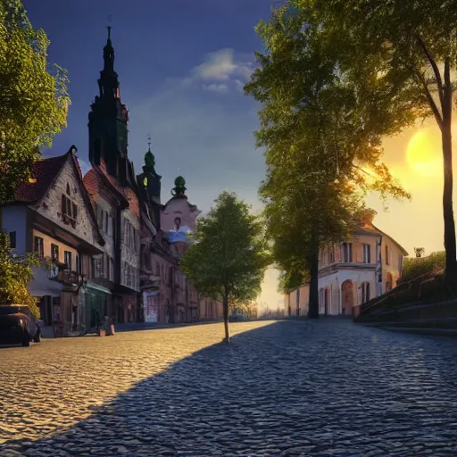 Prompt: a beautiful hyper realistic photo of banska stiavnica in summer, cobblestone pavement, with old houses and few trees in sunset, sky, ufo in sky, v - ray, octane render, unreal engine, by greg rutkowski and james gurney, artstation