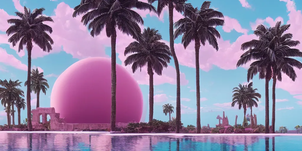 Image similar to Beeple masterpiece, hyperrealistic surrealism, award winning masterpiece with incredible details, epic stunning, infinity pool, a surreal vaporwave liminal space, highly detailed, trending on ArtStation, calming, meditative, pink arches, palm trees, surreal, sharp details, dreamscape, giant gold head statue ruins, crystal clear water, sunrise