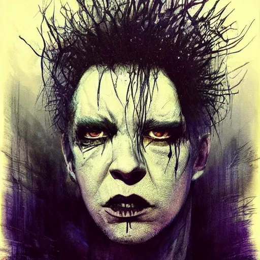 Prompt: stunning portrait of gaunt ( the cure fan ) as dream from sandman, dim stars as eyes, by jeremy mann, by cedric peyravernay, by by russ mills, by richard avedon and ben templesmith, dramatic lightning, sadness, grim face, dark eye sockets, in the shadows, punk rock, gothic, high detailed, 8 k